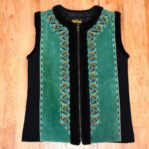Bob Mackie Black and Teal Suede Vest with Embroidered Trim